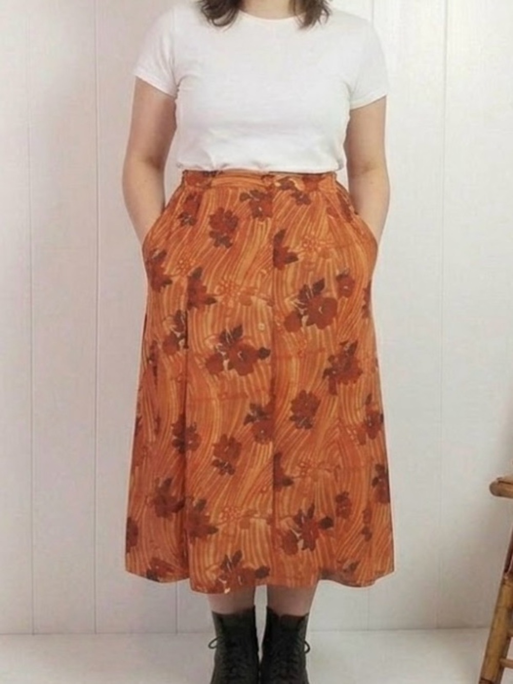 Vintage Midi Skirt 1990s Orange Floral Long Flowy 90s Buttons Cottagecore Large